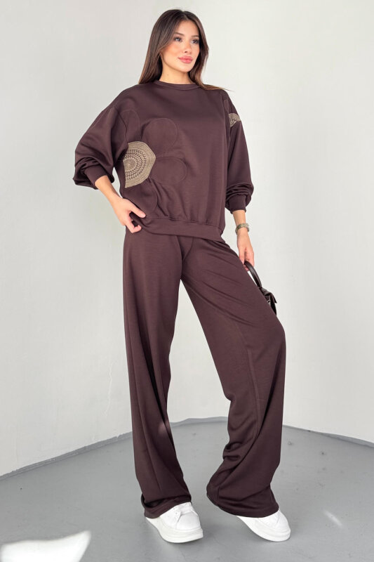 TKM-13334 Kahverengi Çiçek Nakışlı Modal Kumaş İkili Takım - 1