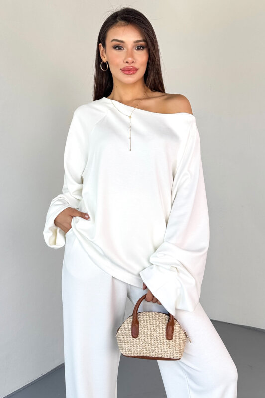 TKM-13336 Beyaz Kayık Yaka Modal Kumaş Salaş İkili Takım - 2