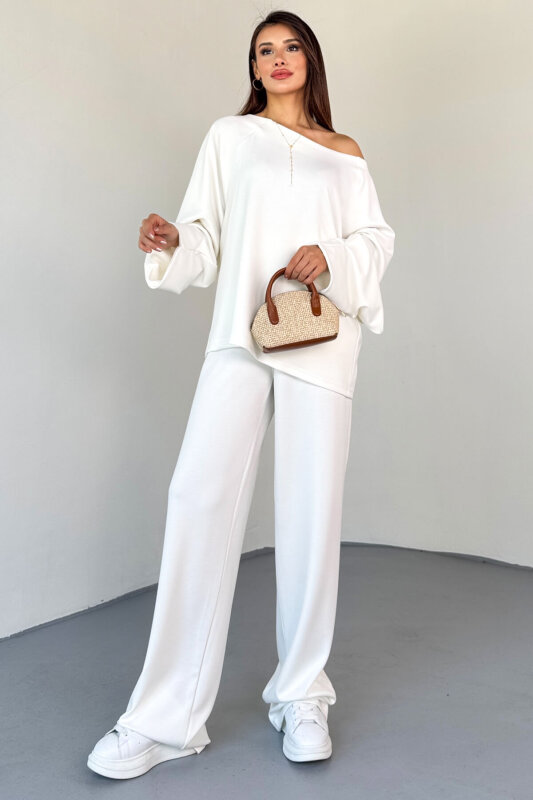 TKM-13336 Beyaz Kayık Yaka Modal Kumaş Salaş İkili Takım - 1