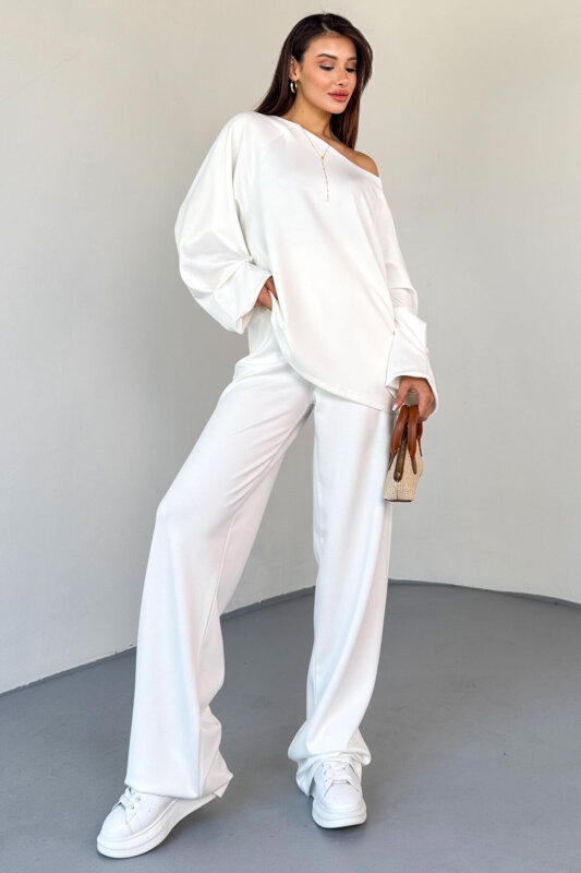 TKM-13336 Beyaz Kayık Yaka Modal Kumaş Salaş İkili Takım - 4