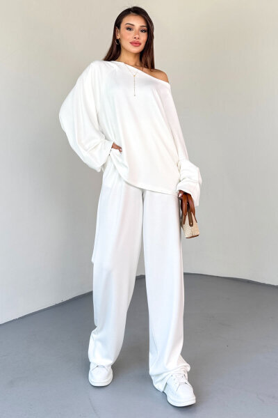 TKM-13336 Beyaz Kayık Yaka Modal Kumaş Salaş İkili Takım - 5