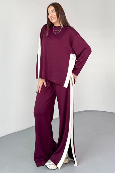 TKM-13342 Bordo Yan Şerit Detaylı Modal Kumaş Relax Fit Takım - 1