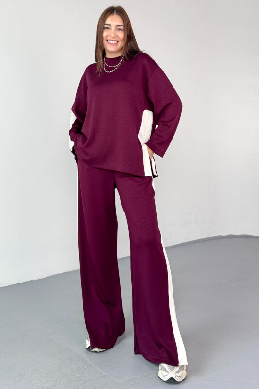 TKM-13342 Bordo Yan Şerit Detaylı Modal Kumaş Relax Fit Takım - 3
