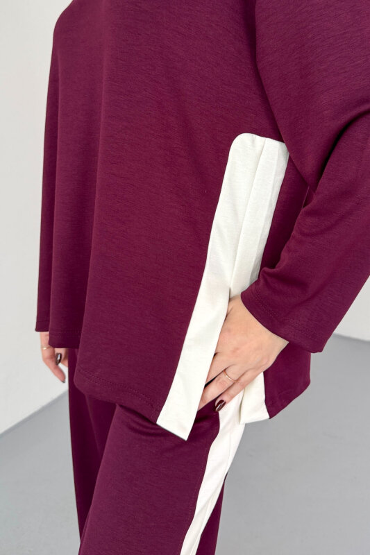 TKM-13342 Bordo Yan Şerit Detaylı Modal Kumaş Relax Fit Takım - 4
