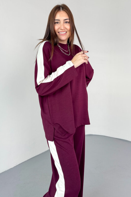 TKM-13342 Bordo Yan Şerit Detaylı Modal Kumaş Relax Fit Takım - 2