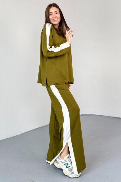 TKM-13342 Haki Yan Şerit Detaylı Modal Kumaş Relax Fit Takım - 4