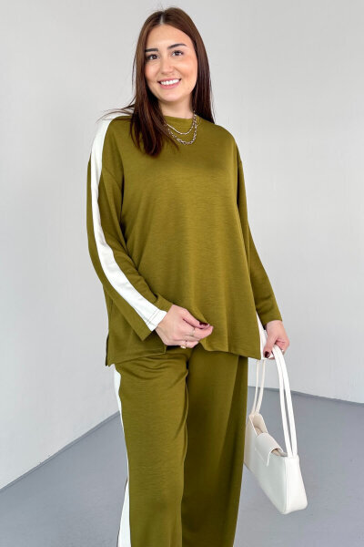 TKM-13342 Haki Yan Şerit Detaylı Modal Kumaş Relax Fit Takım - 2