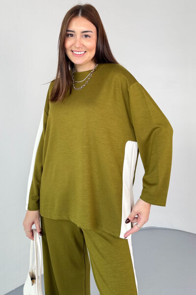 TKM-13342 Haki Yan Şerit Detaylı Modal Kumaş Relax Fit Takım - 3