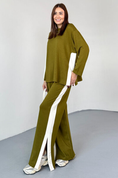 TKM-13342 Haki Yan Şerit Detaylı Modal Kumaş Relax Fit Takım - 1
