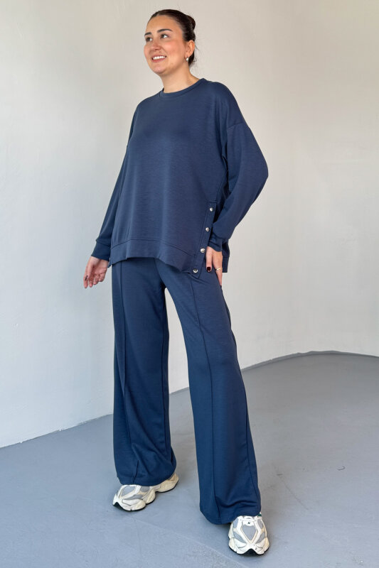 TKM-13343 İndigo Çıtçıt Detaylı Modal Kumaş Çimalı Palazzo Takım - 1