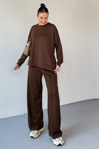 TKM-13343 Kahverengi Çıtçıt Detaylı Modal Kumaş Çimalı Palazzo Takım - 1