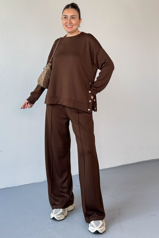 TKM-13343 Kahverengi Çıtçıt Detaylı Modal Kumaş Çimalı Palazzo Takım - 4
