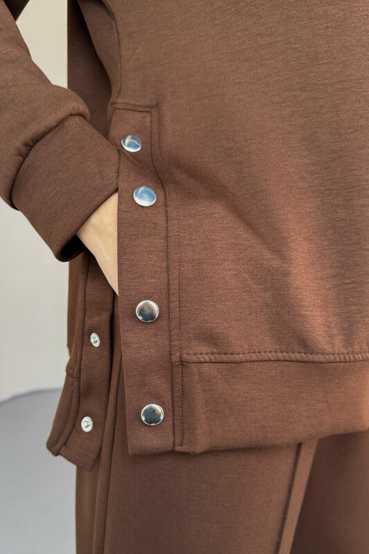 TKM-13343 Kahverengi Çıtçıt Detaylı Modal Kumaş Çimalı Palazzo Takım - 2