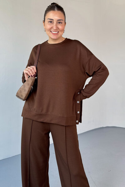 TKM-13343 Kahverengi Çıtçıt Detaylı Modal Kumaş Çimalı Palazzo Takım - 3