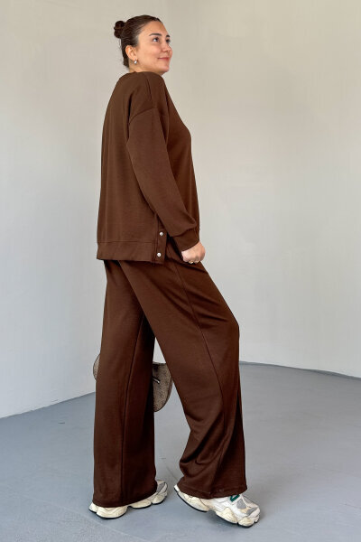 TKM-13343 Kahverengi Çıtçıt Detaylı Modal Kumaş Çimalı Palazzo Takım - 5