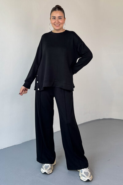 TKM-13343 Siyah Çıtçıt Detaylı Modal Kumaş Çimalı Palazzo Takım - 1