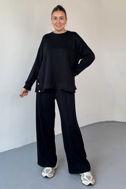 TKM-13343 Siyah Çıtçıt Detaylı Modal Kumaş Çimalı Palazzo Takım - 1