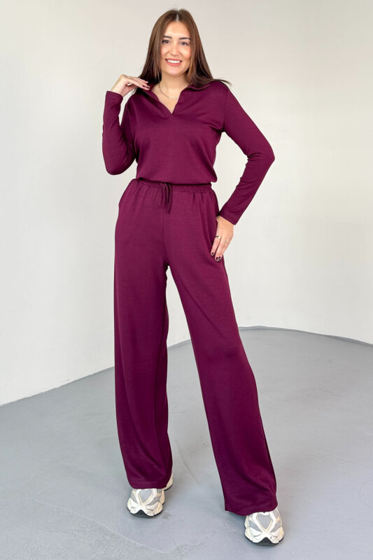 TKM-13345 Bordo Polo V Yaka Modal Kumaş Spor Takım - 1