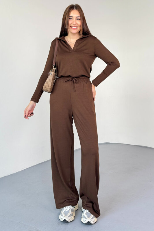 TKM-13345 Kahverengi Polo V Yaka Modal Kumaş Spor Takım - 1