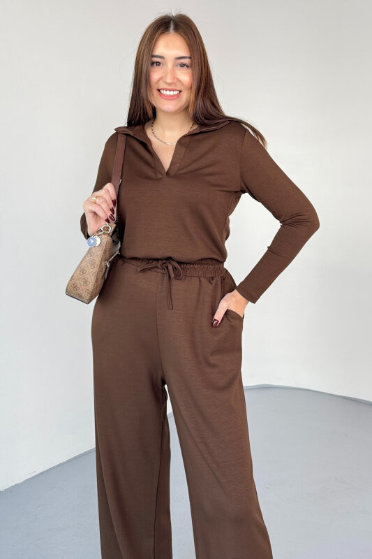 TKM-13345 Kahverengi Polo V Yaka Modal Kumaş Spor Takım - 3