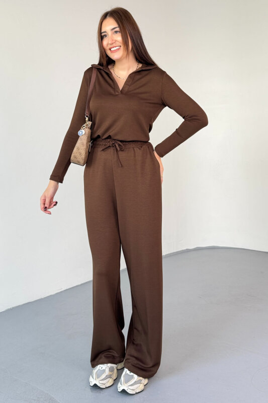 TKM-13345 Kahverengi Polo V Yaka Modal Kumaş Spor Takım - 4