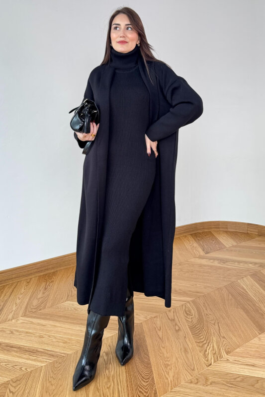 TKM-13349 Siyah Triko Hırka & Fitilli Yarım Boğaz Kolsuz Elbise İkili Takım - 1