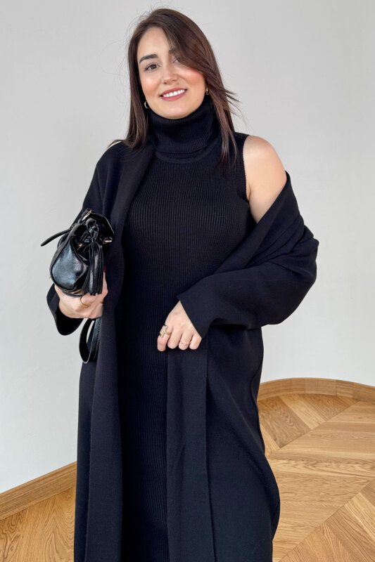 TKM-13349 Siyah Triko Hırka & Fitilli Yarım Boğaz Kolsuz Elbise İkili Takım - 2