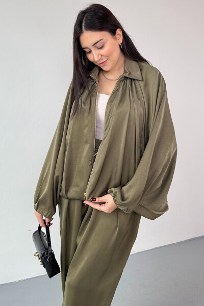 TKM-13350 Haki Özel Tasarım Saten Bomber Ceket & Şalvar Pantolon İkili Takım - 2