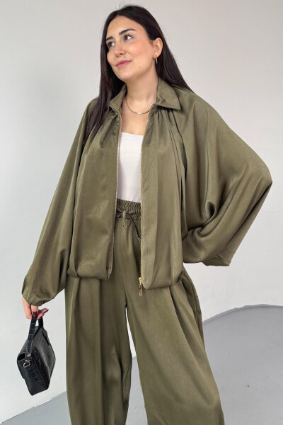 TKM-13350 Haki Özel Tasarım Saten Bomber Ceket & Şalvar Pantolon İkili Takım - 3