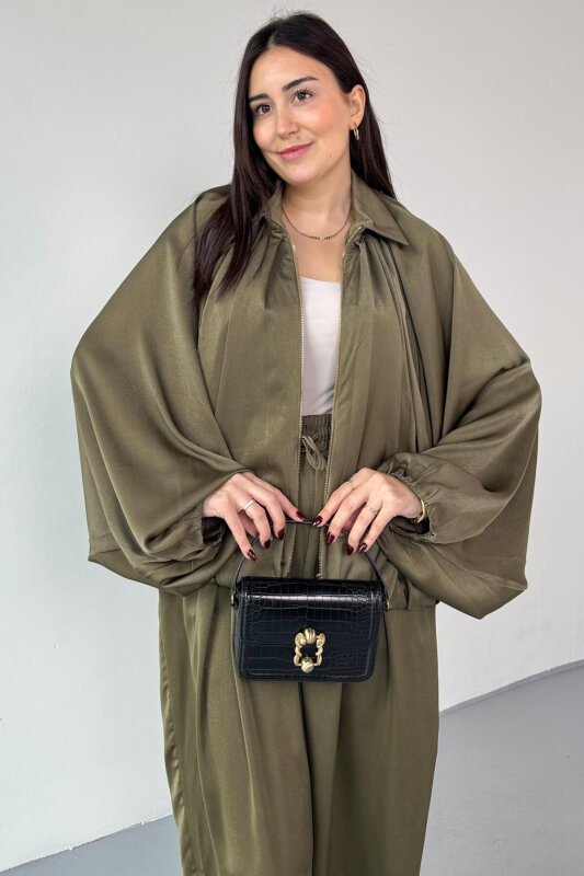 TKM-13350 Haki Özel Tasarım Saten Bomber Ceket & Şalvar Pantolon İkili Takım - 4