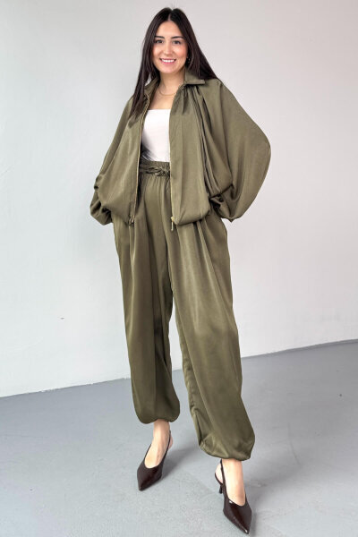 TKM-13350 Haki Özel Tasarım Saten Bomber Ceket & Şalvar Pantolon İkili Takım - 1
