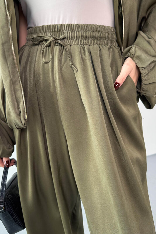 TKM-13350 Haki Özel Tasarım Saten Bomber Ceket & Şalvar Pantolon İkili Takım - 5