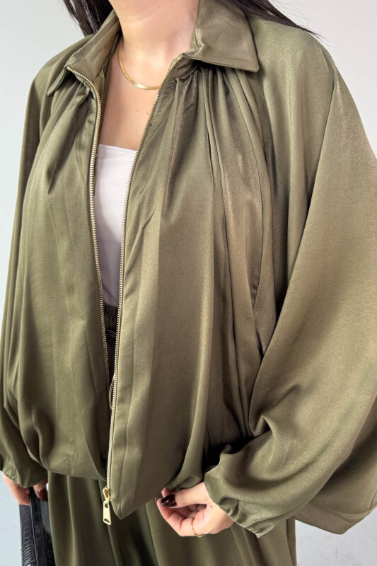 TKM-13350 Haki Özel Tasarım Saten Bomber Ceket & Şalvar Pantolon İkili Takım - 6