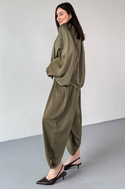 TKM-13350 Haki Özel Tasarım Saten Bomber Ceket & Şalvar Pantolon İkili Takım - 7