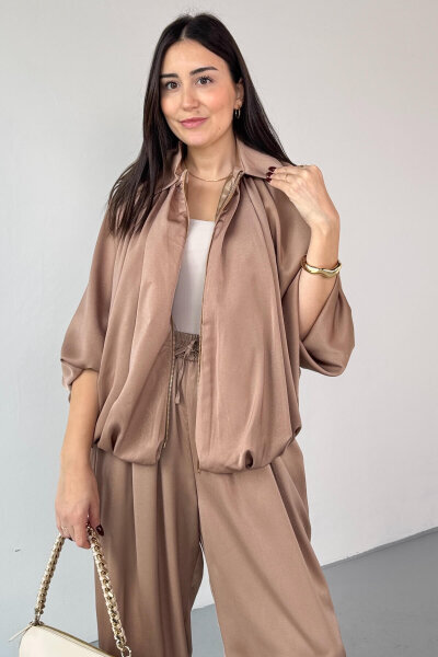 TKM-13350 Vizon Özel Tasarım Saten Bomber Ceket & Şalvar Pantolon İkili Takım - 2