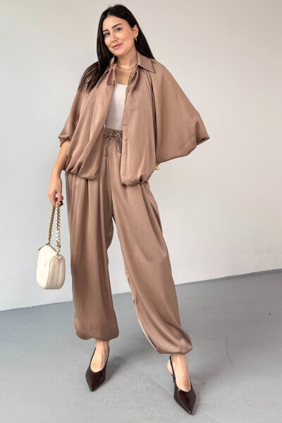 TKM-13350 Vizon Özel Tasarım Saten Bomber Ceket & Şalvar Pantolon İkili Takım - 1