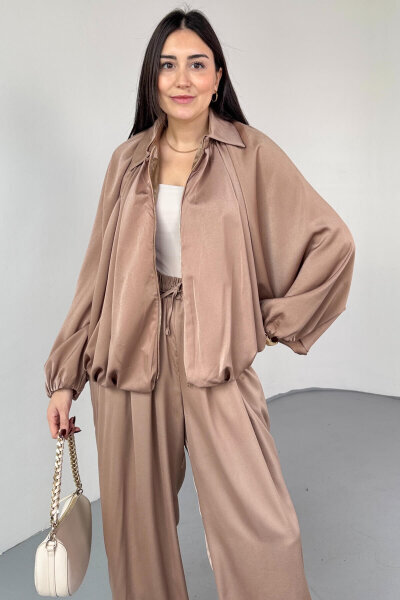 TKM-13350 Vizon Özel Tasarım Saten Bomber Ceket & Şalvar Pantolon İkili Takım - 3