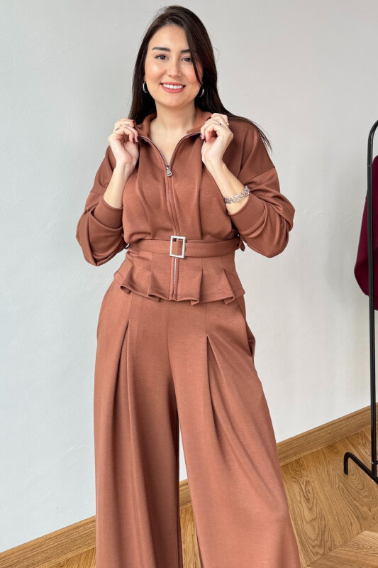 TKM-13351 Kahverengi Korse Detaylı Fermuarlı Modal Takım - 2