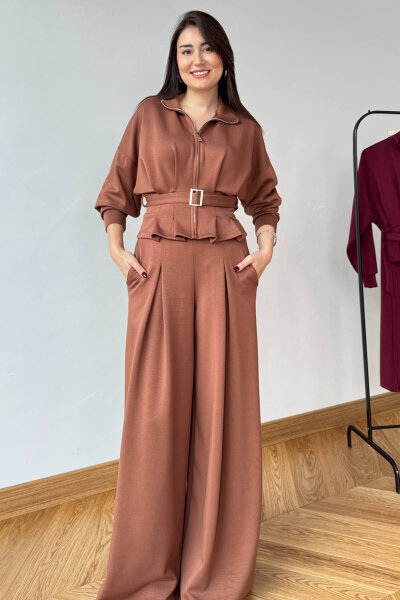 TKM-13351 Kahverengi Korse Detaylı Fermuarlı Modal Takım - 1