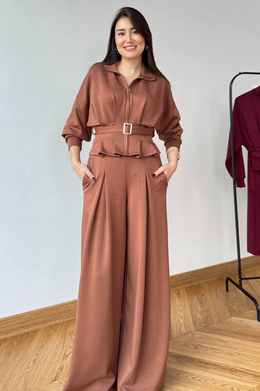 TKM-13351 Kahverengi Korse Detaylı Fermuarlı Modal Takım - 1