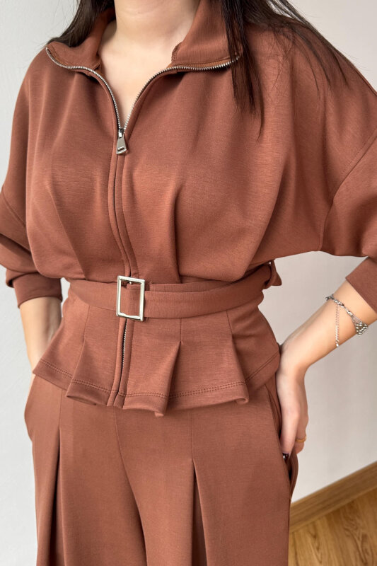 TKM-13351 Kahverengi Korse Detaylı Fermuarlı Modal Takım - 3