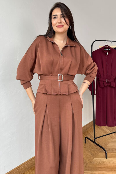 TKM-13351 Kahverengi Korse Detaylı Fermuarlı Modal Takım - 4