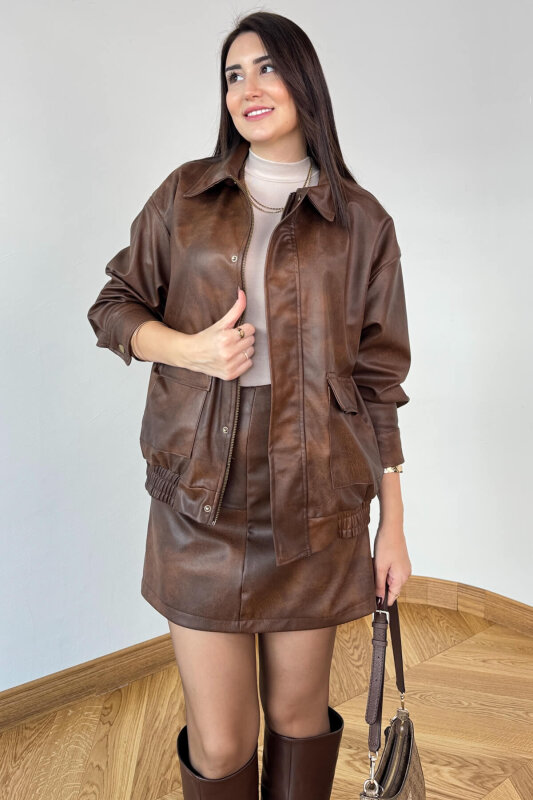 TKM-13353 Kahverengi Astarlı Fermuarlı Çıtçıtlı Bel Lastikli Deri Etek Ceket Takım - 1