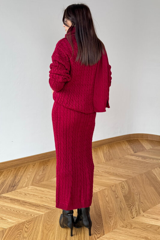 TKM-13356 Bordo Saç Örgülü Şallı Etekli Üçlü Oversize Triko Takım - 3