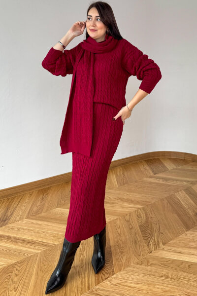 TKM-13356 Bordo Saç Örgülü Şallı Etekli Üçlü Oversize Triko Takım - 1