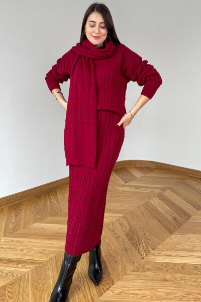 TKM-13356 Bordo Saç Örgülü Şallı Etekli Üçlü Oversize Triko Takım - 2