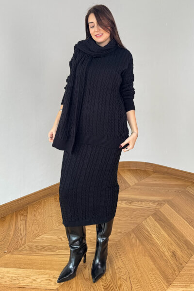 TKM-13356 Siyah Saç Örgülü Şallı Etekli Üçlü Oversize Triko Takım - 2