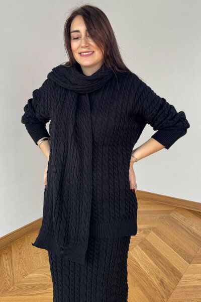 TKM-13356 Siyah Saç Örgülü Şallı Etekli Üçlü Oversize Triko Takım - 3