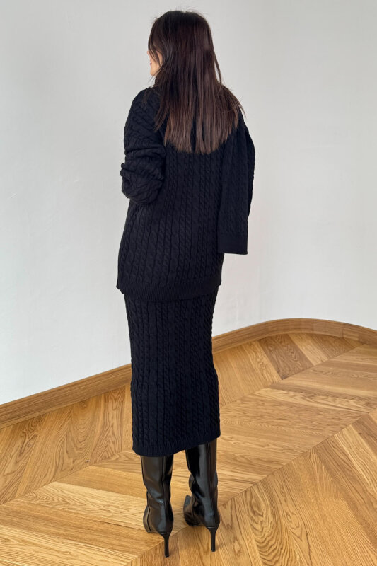 TKM-13356 Siyah Saç Örgülü Şallı Etekli Üçlü Oversize Triko Takım - 4