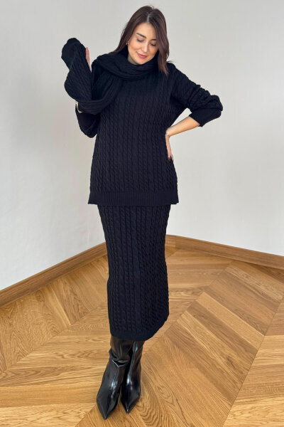 TKM-13356 Siyah Saç Örgülü Şallı Etekli Üçlü Oversize Triko Takım - 1